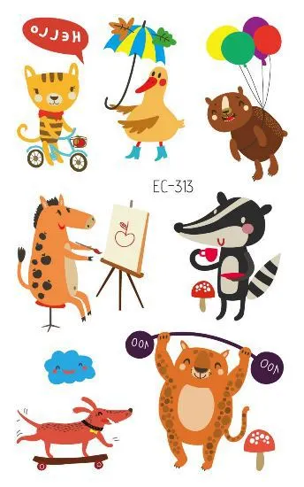 24 kinds Cartoon Animals Temporary Tattoo Stickers for Kids Lion Tiger Giraffe Elephant Fox Hedgehog Turtle tatouage temporaire