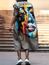 Multi-Colored Graffiti Printed Long Sleeve Drawstring Fashion Long Hooded Trench Coat