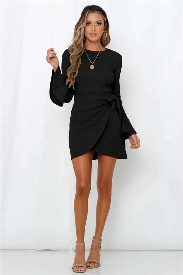 Women's Flared Long Sleeve Slim Bow Dress Mini Dress (Buy 2 Free Shipping)