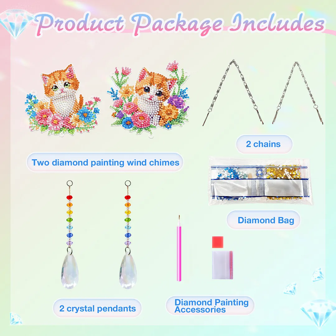 2Pcs Flower Kitten DIY Acrylic Diamond Painting Art Wind Chimes with Crystal Pendant Diamond Art Hanging Pendant Double-Sided for Adults Beginners Gift Home Garden Decor
