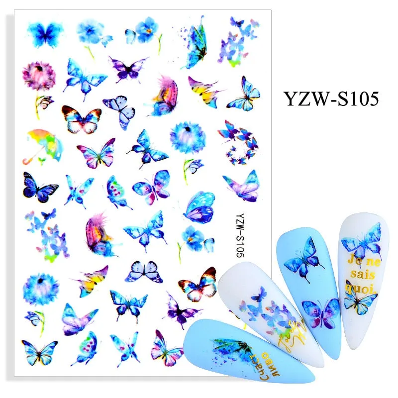 1pc Holographic Blue Nail Stickers Pink Colorful Butterfly Art Sticker With Adhesive DIY Extension Flowers Rose Nail Decoration-Nail Inspo
