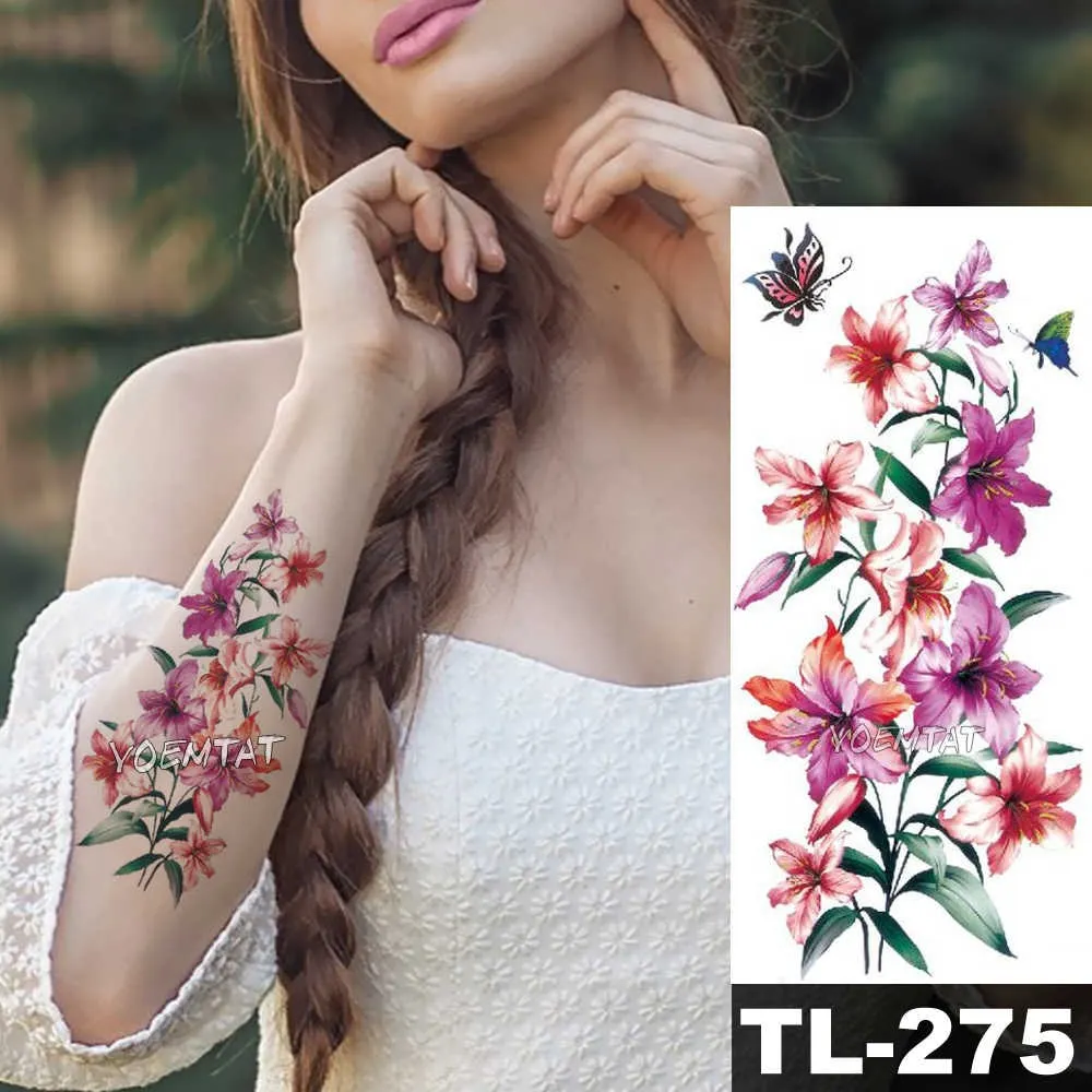 Sdrawing Watercolor Rose Lily Flower Waterproof Tattoo Stickers Women Body Chest Art Temporary Tatto Girl Waist 3D Flowers Tatoo