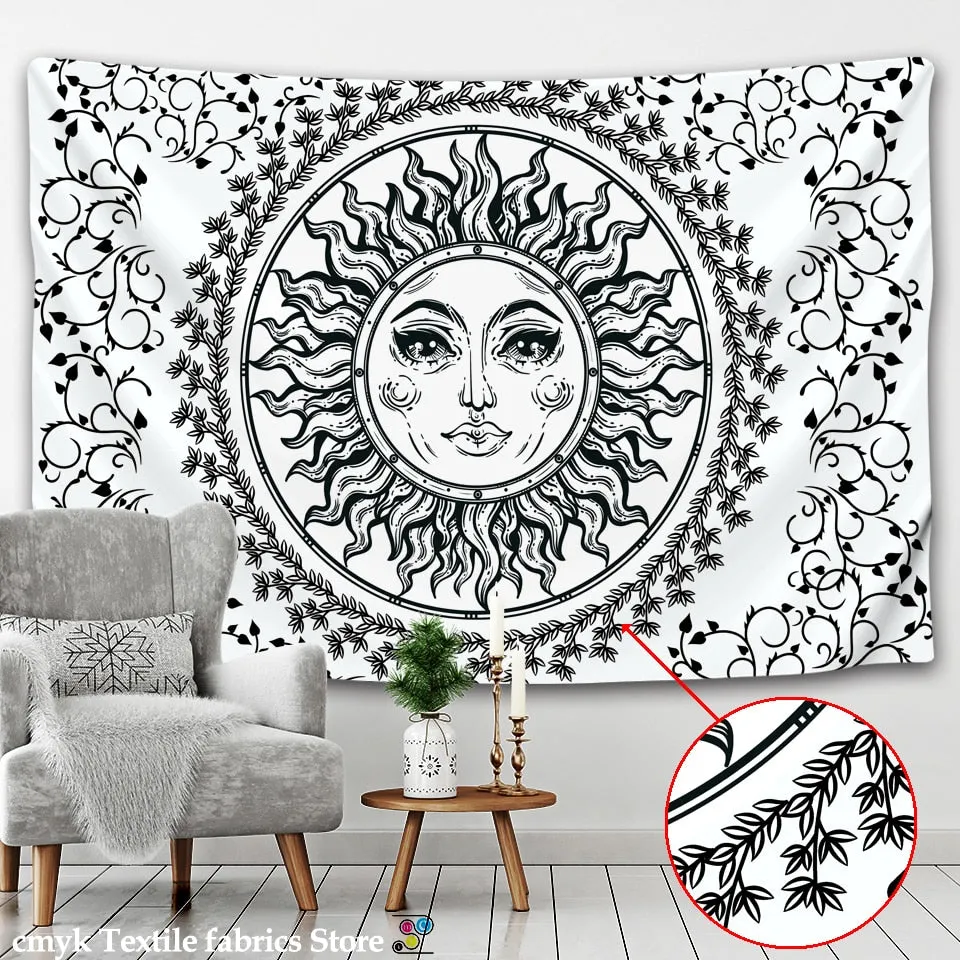 White Black Sun Moon Mandala Tapestry Wall Hanging Celestial Hippie Carpets Dorm Decor Psychedelic Witchcraft Halloween