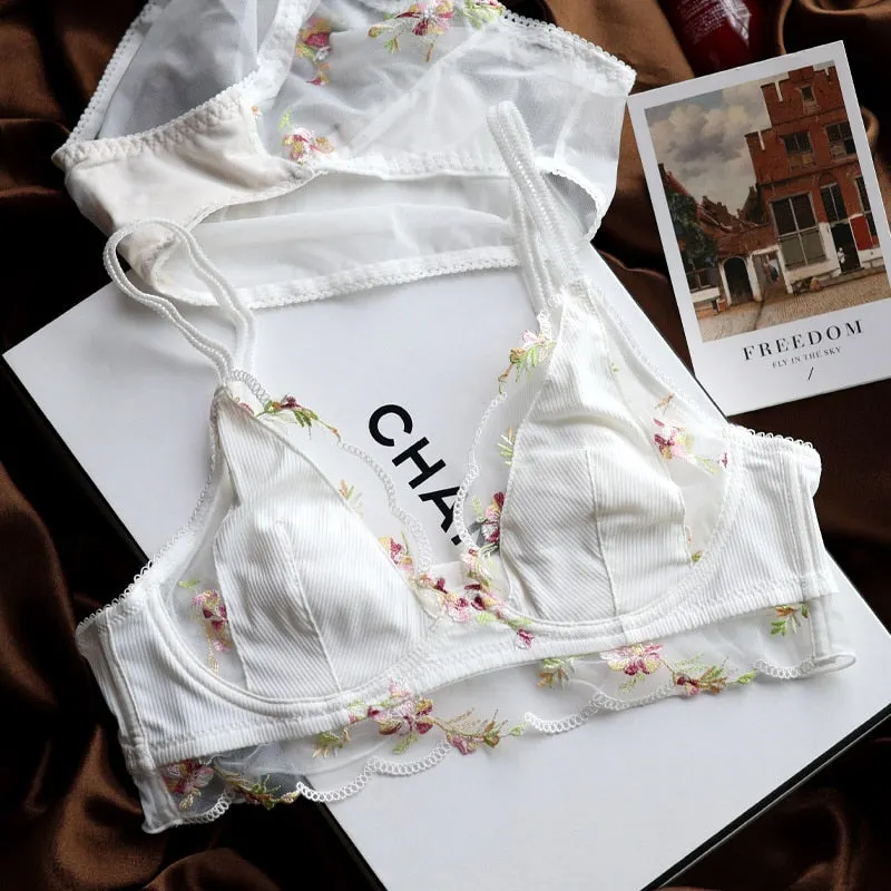French Embroidery Sexy Lingerie Women Wire Free Lace Bra and Panty Set Underwear Cute Girl Small Chest Short Skin Care Kits