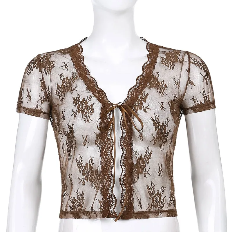 Rapcopter Floral Lace Cardigans Y2K Brown Crop Top Frill Cute T Shirt Tie Up Short Sleeve Tshirt Women Harajuku Tee Top Vintage
