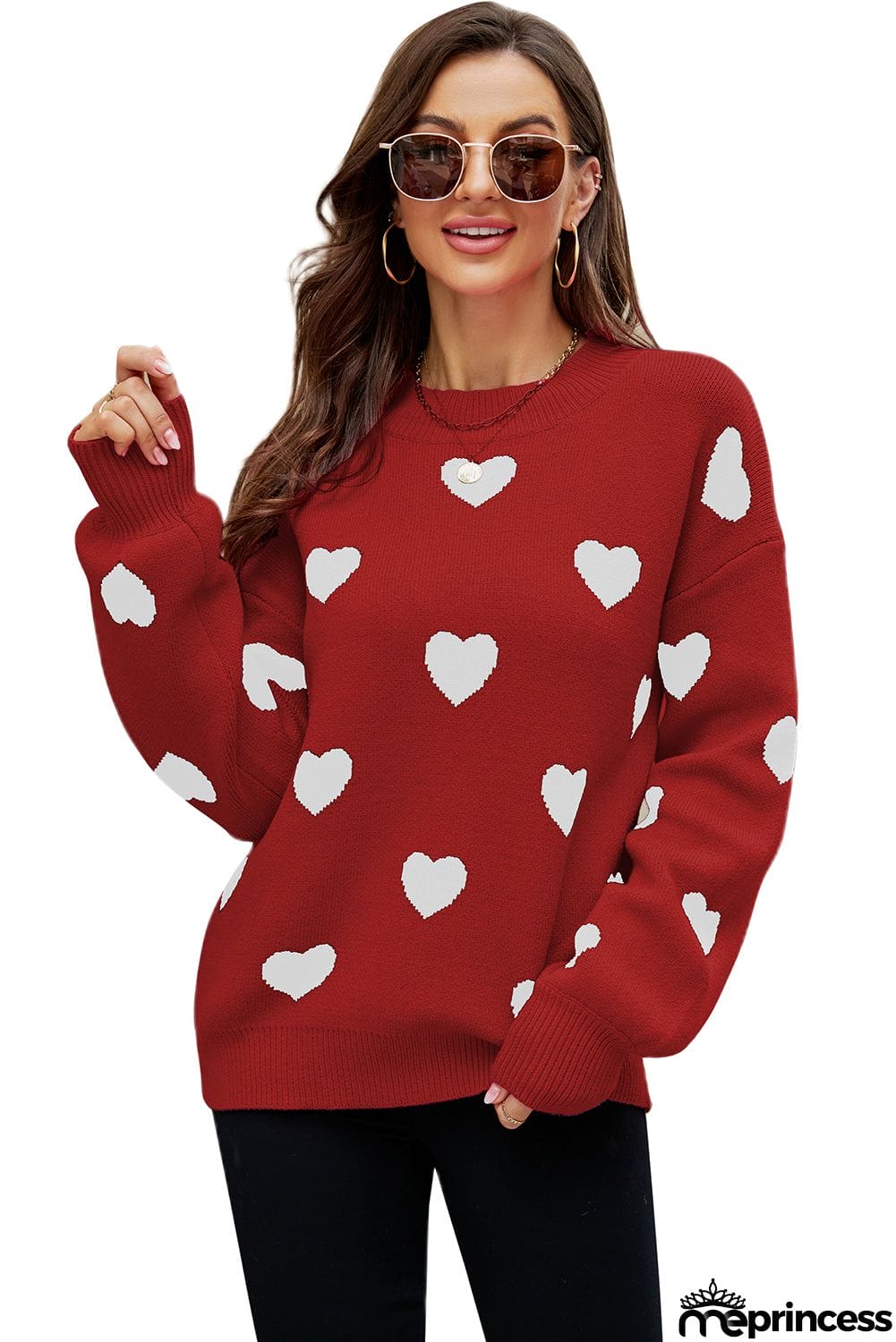 Heart Pattern Ribbed Trim Knit Sweater