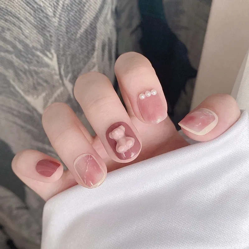 24Pcs false nails with designs cow and Blue Color cut design Fake Nail Shiny Gold Foil  artificial nails with glue for girls-Nail Inspo