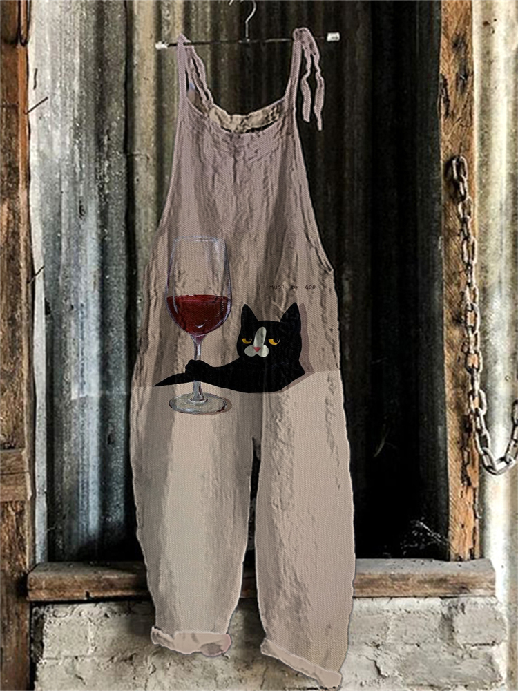 Japanese Art Funny Cats Print Cotton Blend Jumpsuit