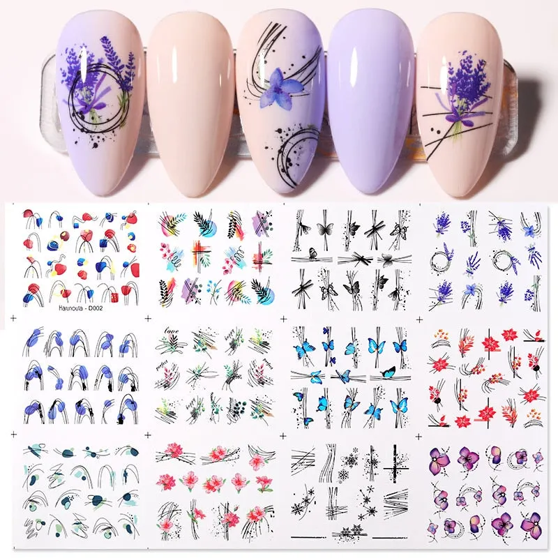 12Pcs Leopard Water Decals Sticker Hollow Floral Flower Leaves Geometry Water Transfer Watermark Foil Slider Decoration