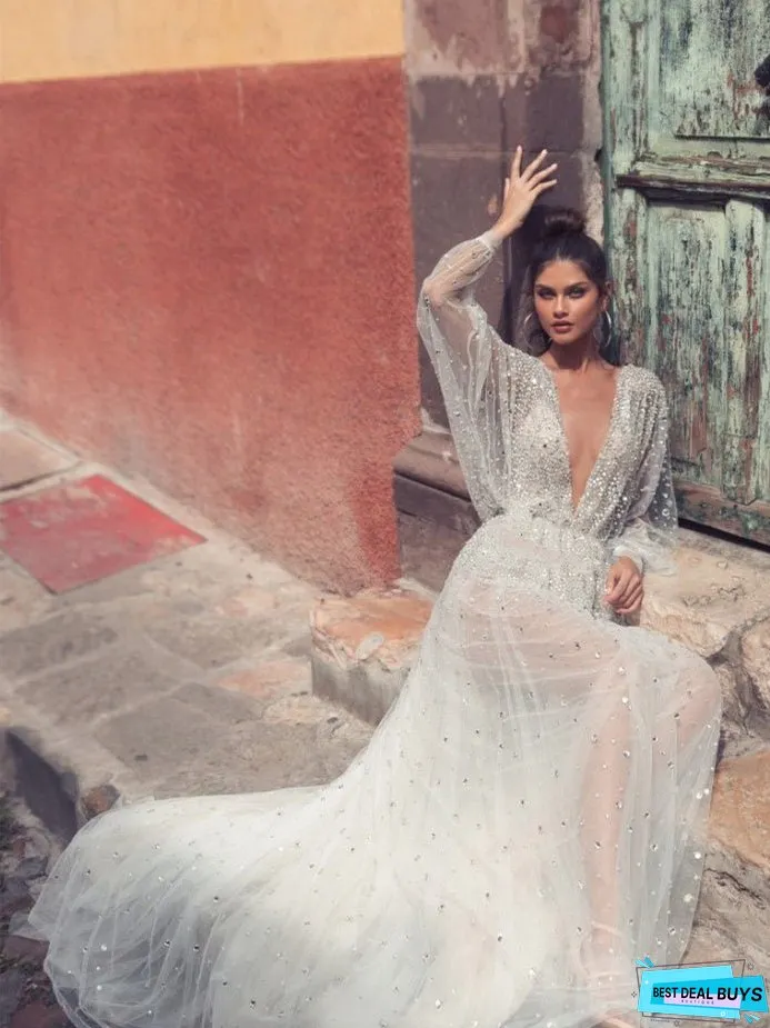 And Charming Deep V Long Sleeve Evening Dress