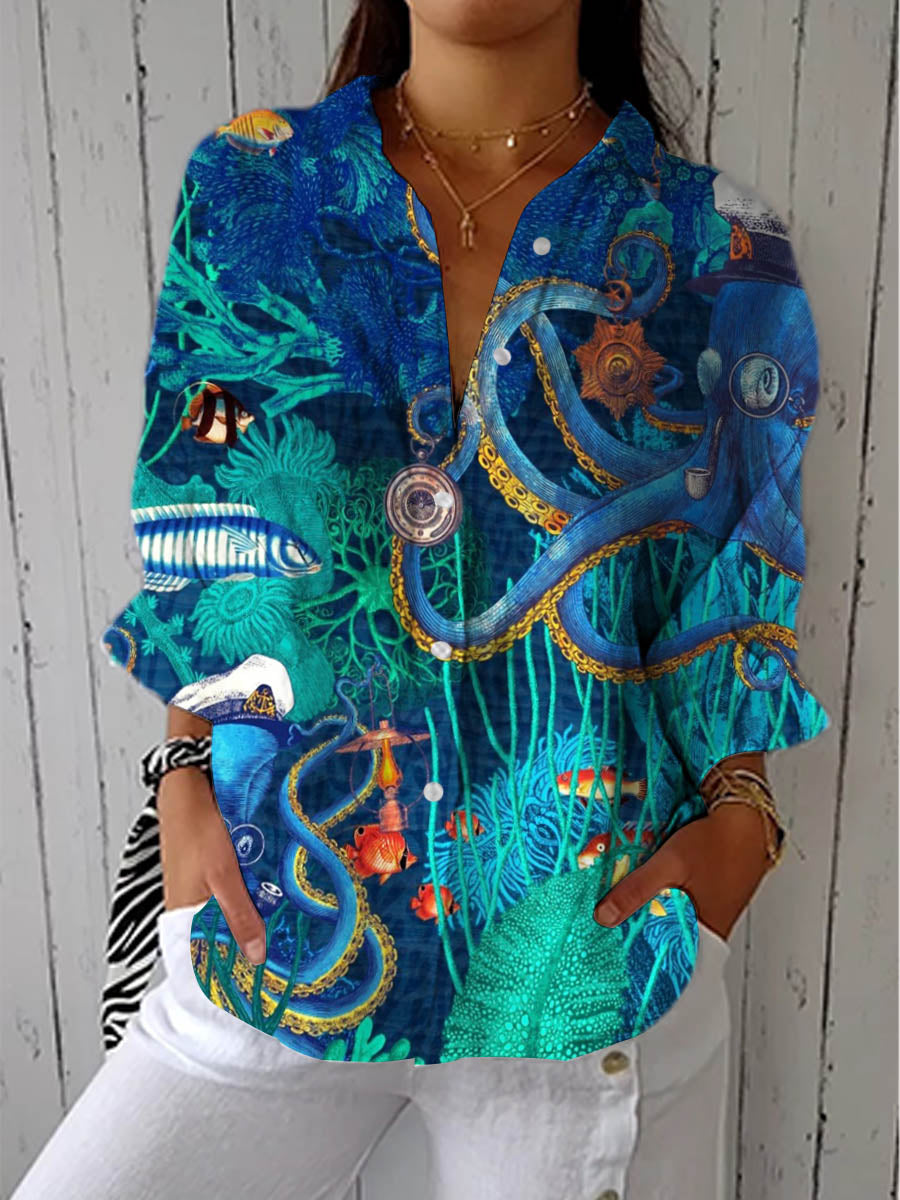 Women's Lovely Octopus Pattern Art Print Casual Cotton Linen V-neck Shirt