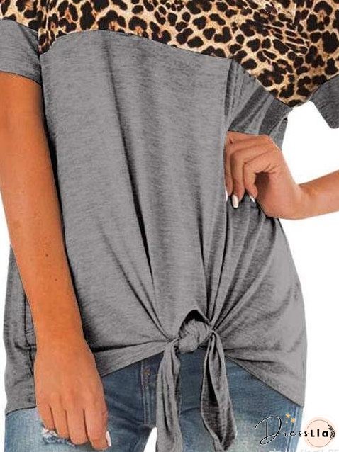 Leopard Print Stitching Ribbon Bow T-shirt for Women