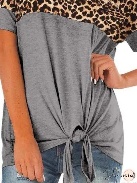 Leopard Print Stitching Ribbon Bow T-shirt for Women