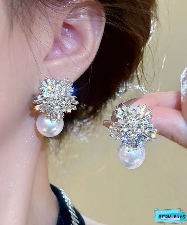 Stylish White Alloy Pearl Zircon Floral Stud Earrings