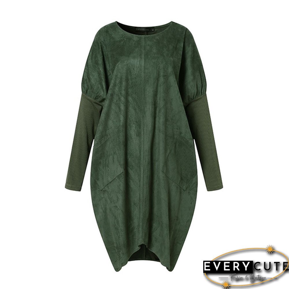 Women O-Neck Solid Patchwork Baggy Dress Knee Length Casual Dress
