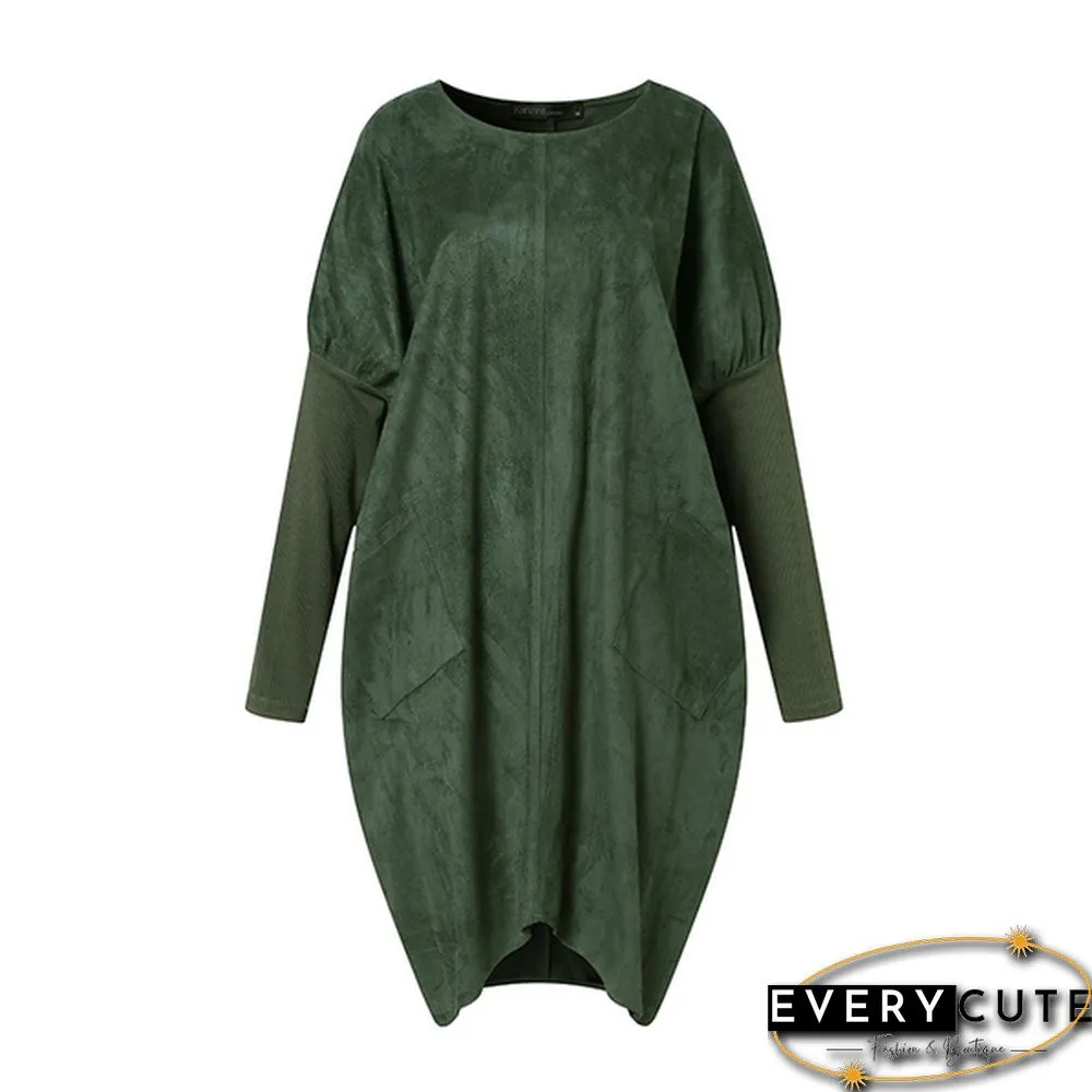 Women O-Neck Solid Patchwork Baggy Dress Knee Length Casual Dress