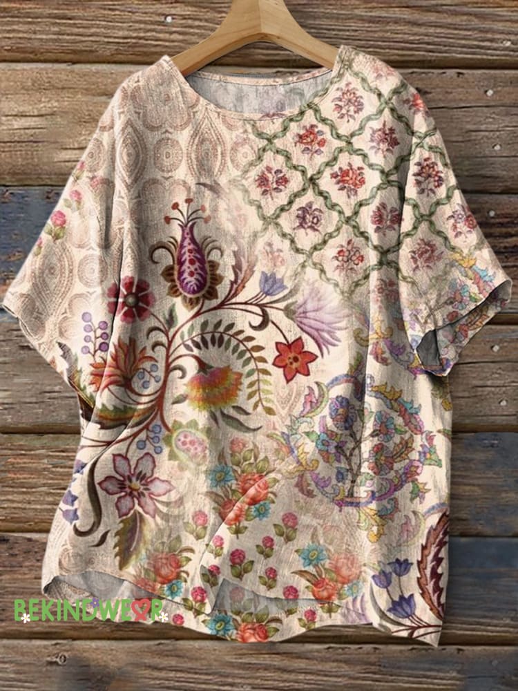 Bohemian Floral Check Patchwork Printed Casual Cotton Linen Shirt Multicolor / S