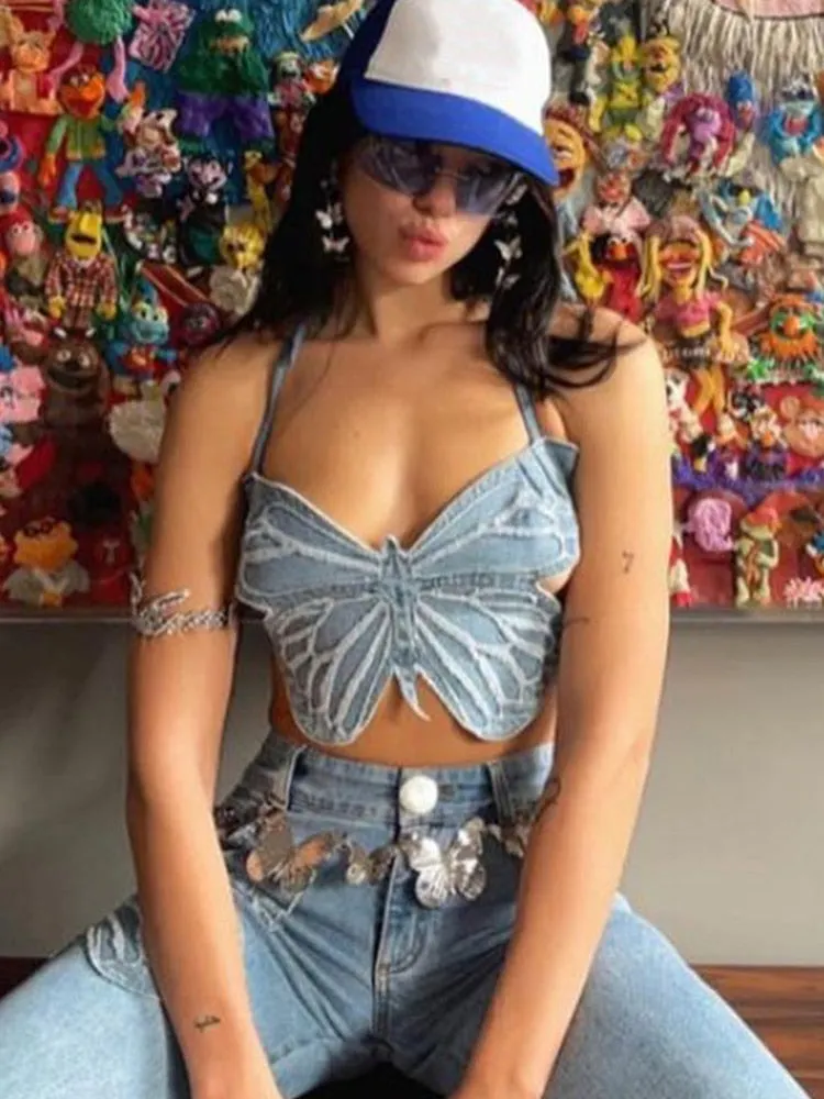 Rapcopter y2k Butterfly Jeans Crop Top Backless Strap Camis Sexy Blue Cute Party Sweats Women Beach Holiday Mini Vest Summer Tee