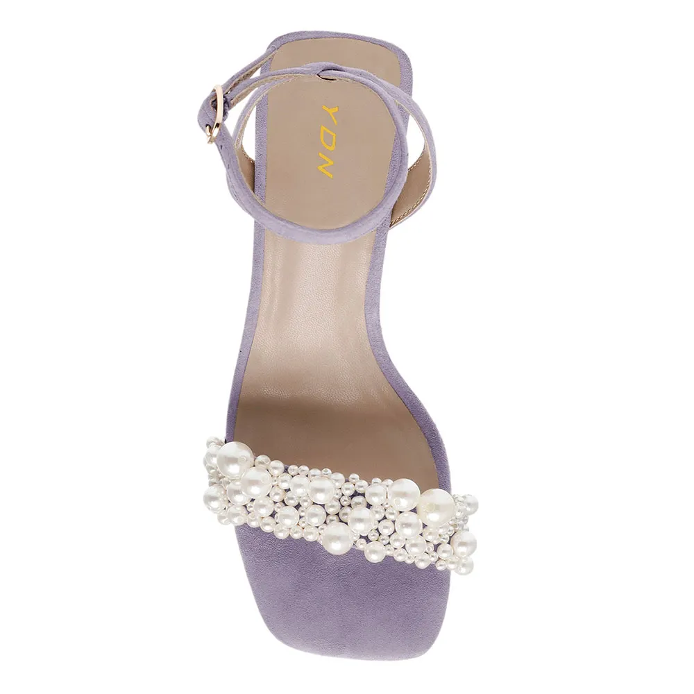 Purple Ankle Strap Open Square Toe Pearl Cylinder Heeled Sandals