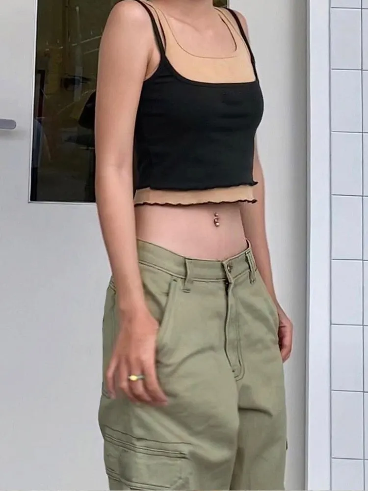 Rapcopter y2k Green Cargo Jeans Big Pockets Low Waisted Trousers Harajuku Casual Basic Sweatpants Women Retro Sporty Joggers 90s