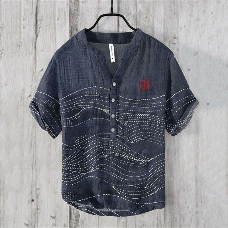 Japanese Art Wave Print V-Neck Linen Blend Shirt  artssus