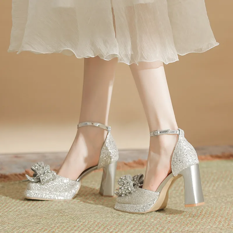 Churchf Churchf Waterproof Platform Thick With A Word Button Mary Jane High Heels Sequins Hollow Wedding Shoes Bridesmaid Shoes Single Shoes Women