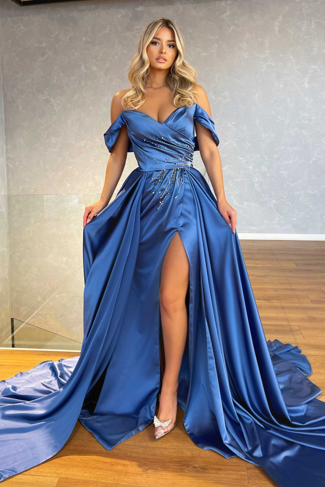 bridesmaid dress with overskirt High slit pique dress with overskirt Navy / FR 42 main image 0