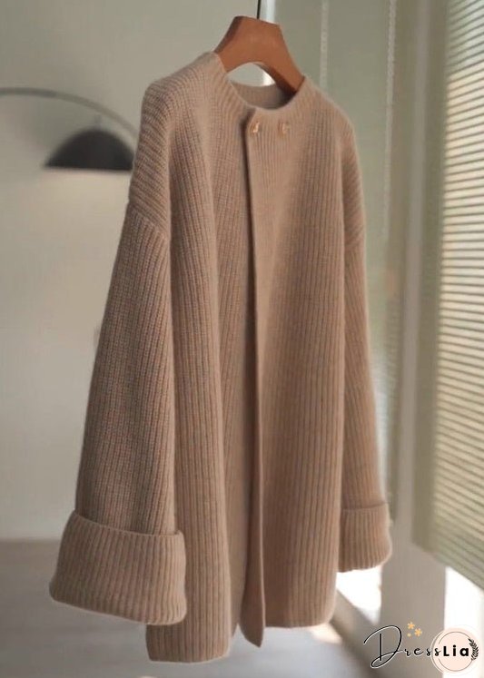 Loose Khaki O Neck Button Patchwork Cotton Knit Tops Fall