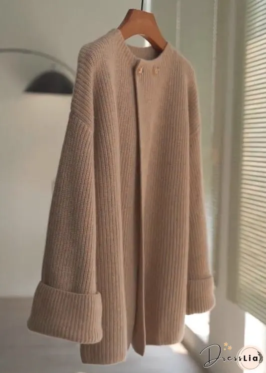 Loose Khaki O Neck Button Patchwork Cotton Knit Tops Fall