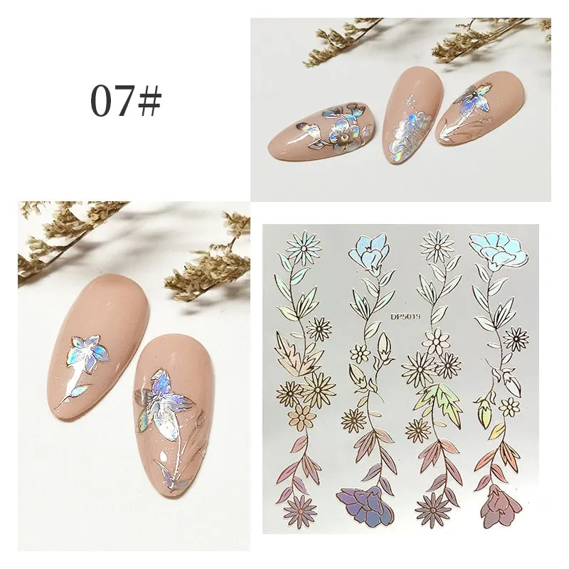 3D Flower Lace Nail Stickers iridescent Bronzing Floral Leaf Transfer Stickers For Nails Manicuring Accessories