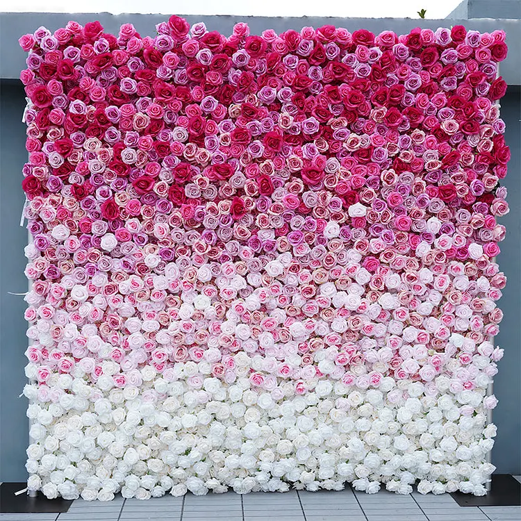 A7703 5D Rose Pink White Gradient Rolling Up Fabric Curtain Cloth Flower Wall
