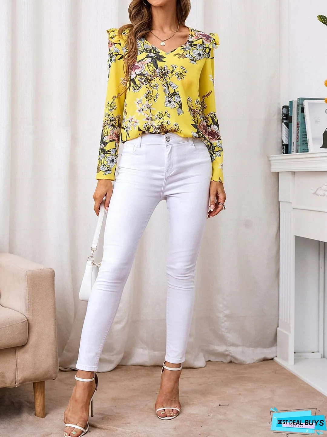 Ruffled Printed V-Neck Long Sleeve Blouse