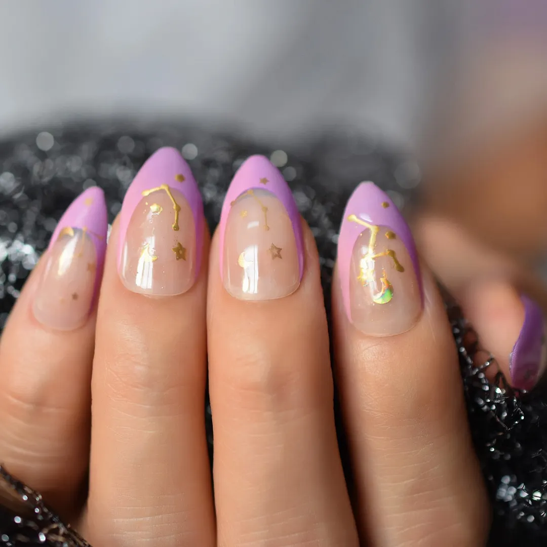 28pcs Nude Purple Short Almond Press on False Nails with Designs Gold Moon Starts Glossy Gel Fake Nails Finger Nail Decorations-Nail Inspo