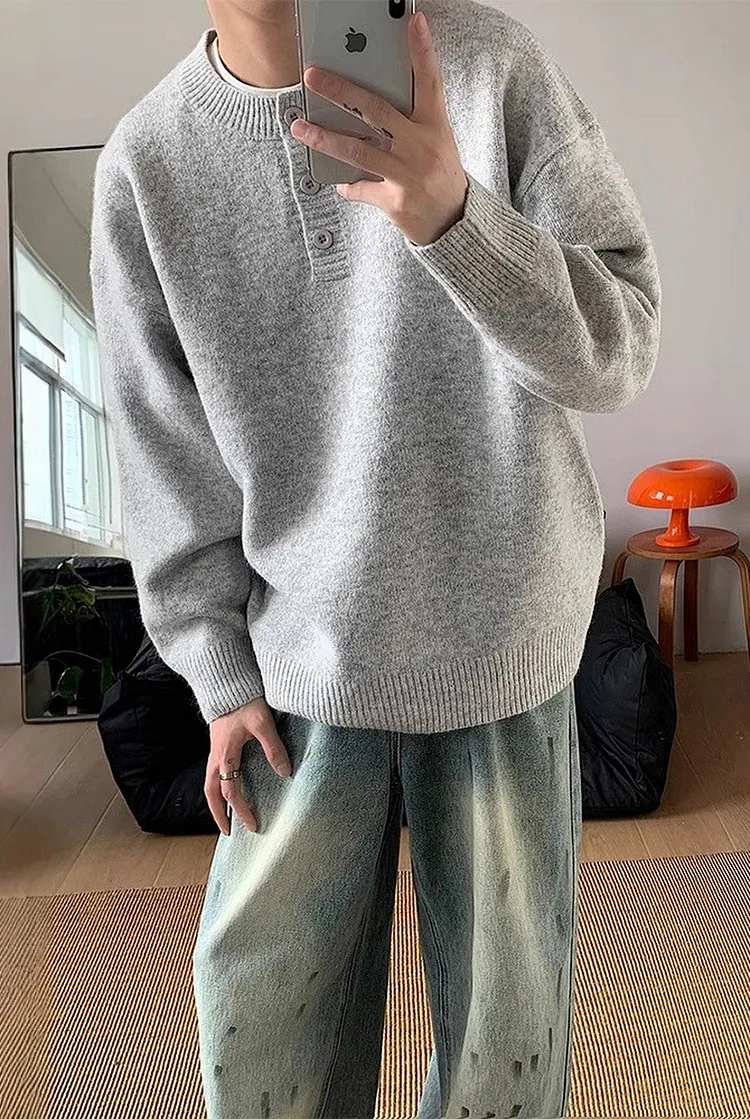 Men's Henley Neck Knit Sweater Minimalist Pullover
