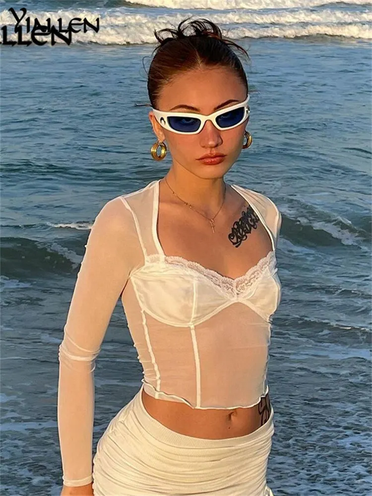 Yiallen Vintage Y2K Lace Crop Top Long Sleeve See Through Sexy Mesh Woman T-shirts V Neck Splicing Sexy Slim Tops Party Dress