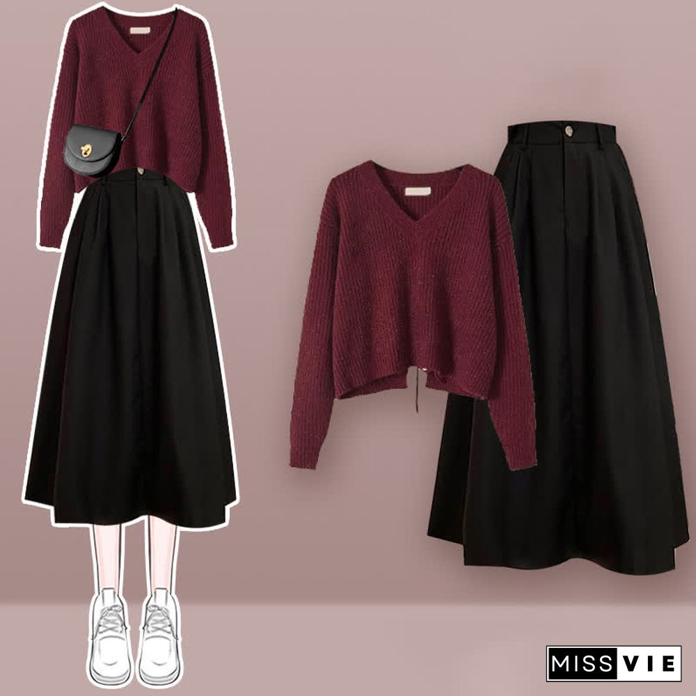 V-neck Lace Up Knit Sweater A-line Skirt Two Pieces