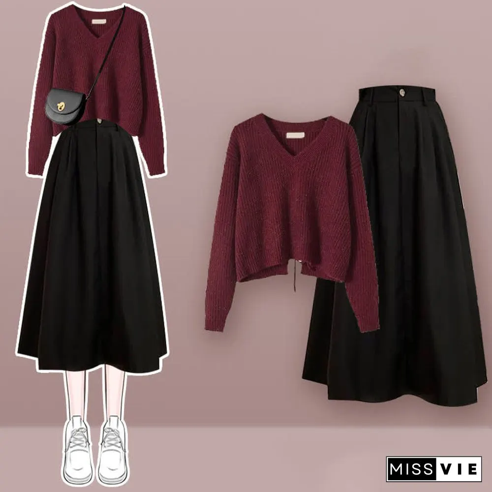 V-neck Lace Up Knit Sweater A-line Skirt Two Pieces