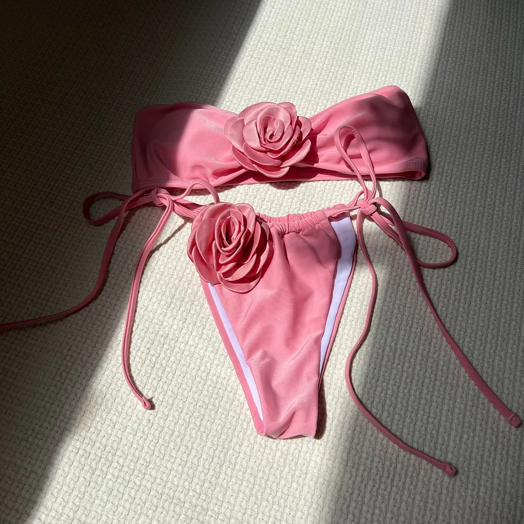 Uveng 2024 New Solid-Colored Rose Breast Drawstring Strap Split Swimsuit Bikini9150