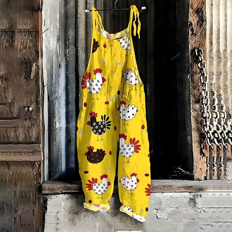 Women's Casual Polka Dot Cartoon Chicken Printed Jumpsuit