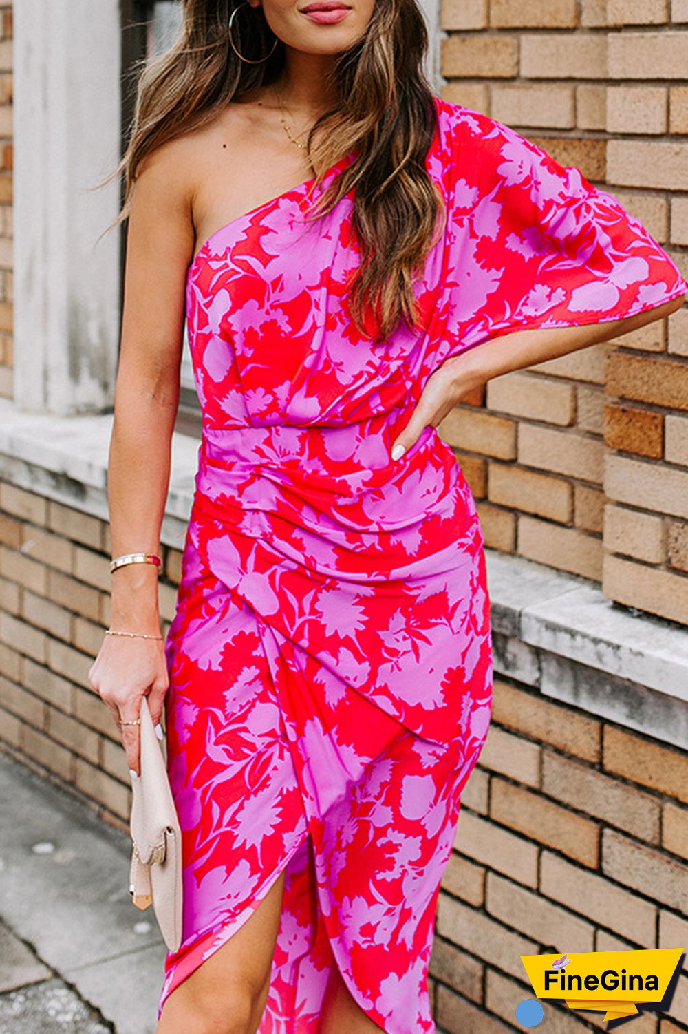 KarliDress Floral Print One Shoulder Irregular Hem Midi Dress P12534