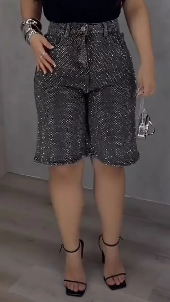 Washed Rhinestone Denim Bermuda Shorts