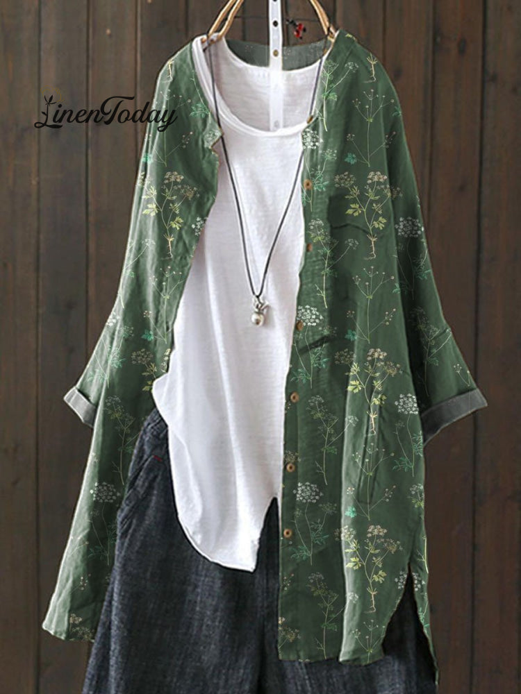 Women&rsquo;s Vintage Floral Art Print Loose Casual Top Jacket Green / S