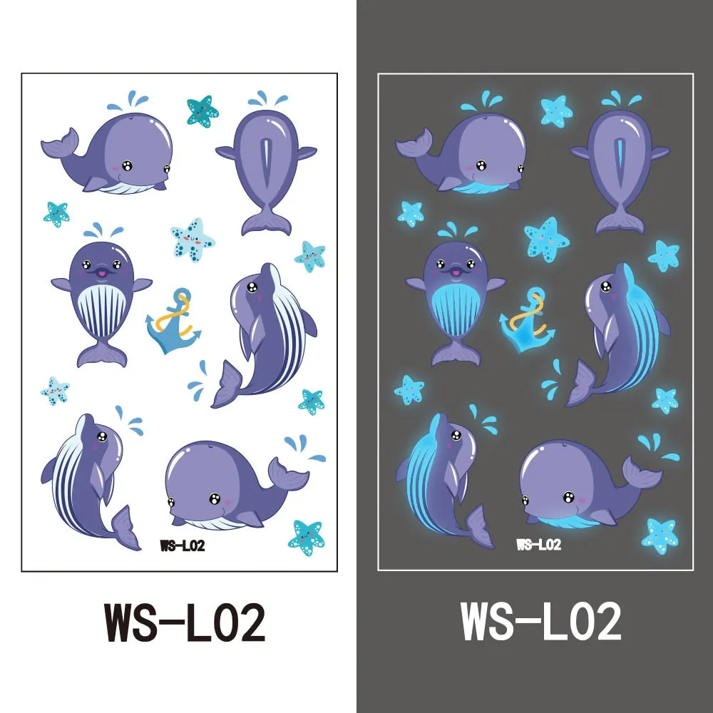 European and American children waterproof tattoo stickers cute dinosaur mermaid cartoon blue luminous temporary tattoo stickers