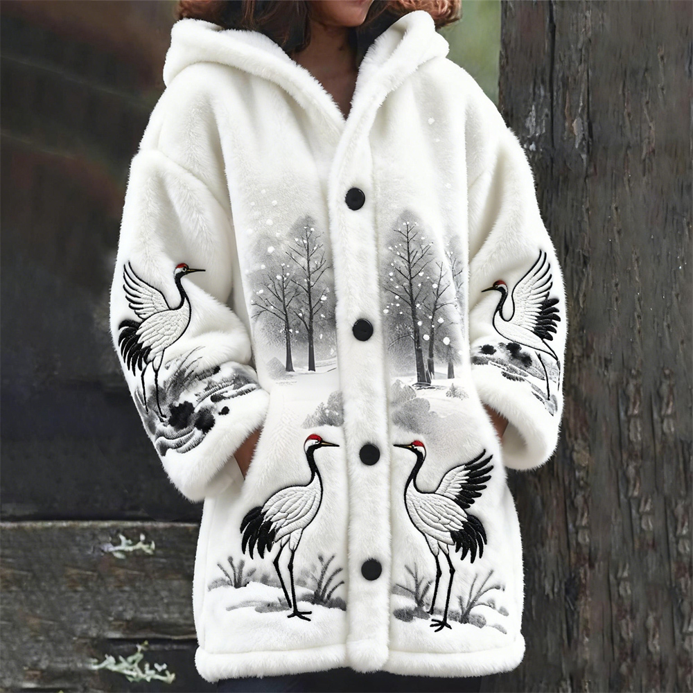 Winter Japanese Crane Embroidery Design Women's Hooded Flannel Cardigan