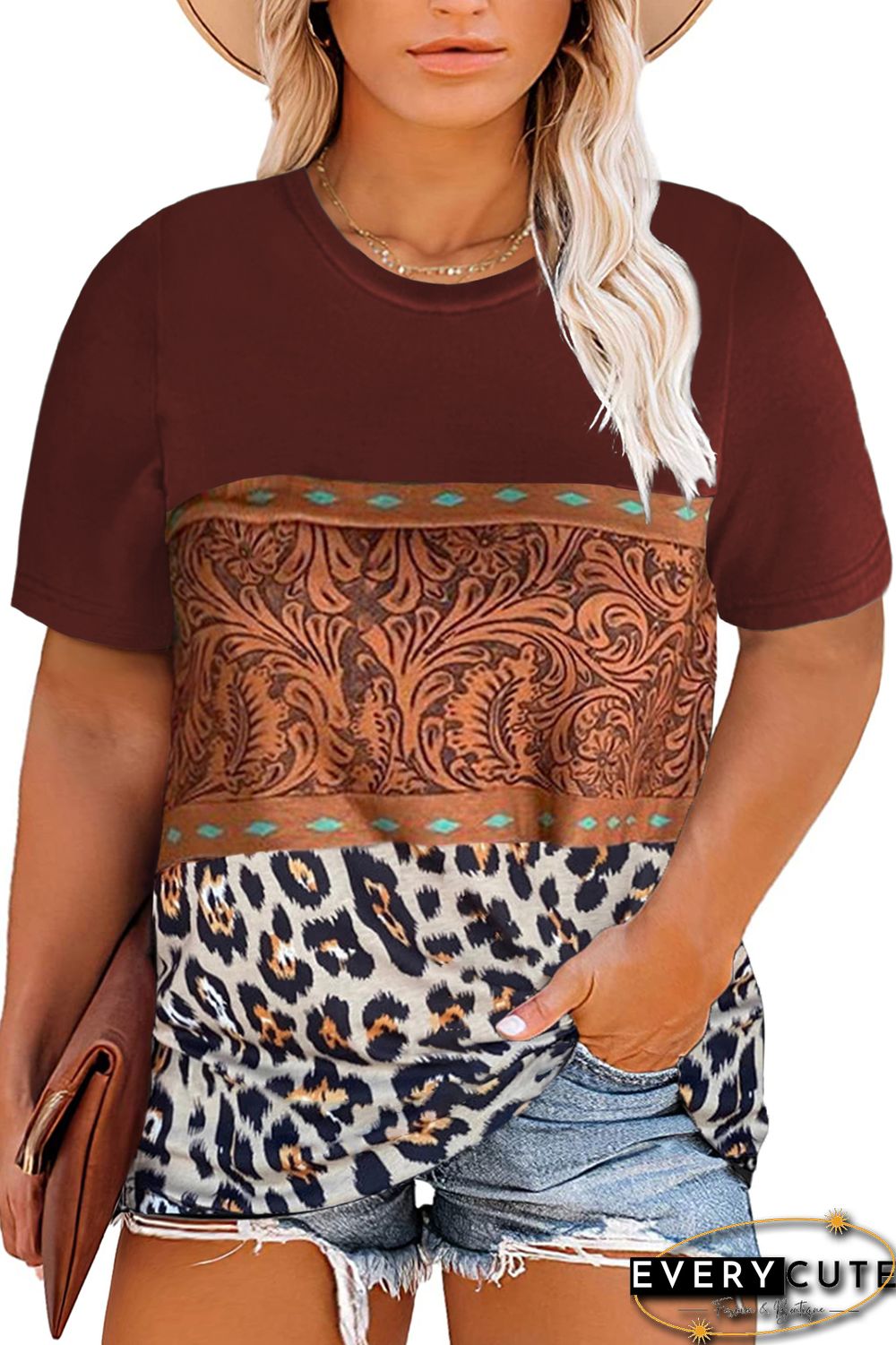 Marble Print Buckstitch Splicing Color Block Plus Size T-shirt