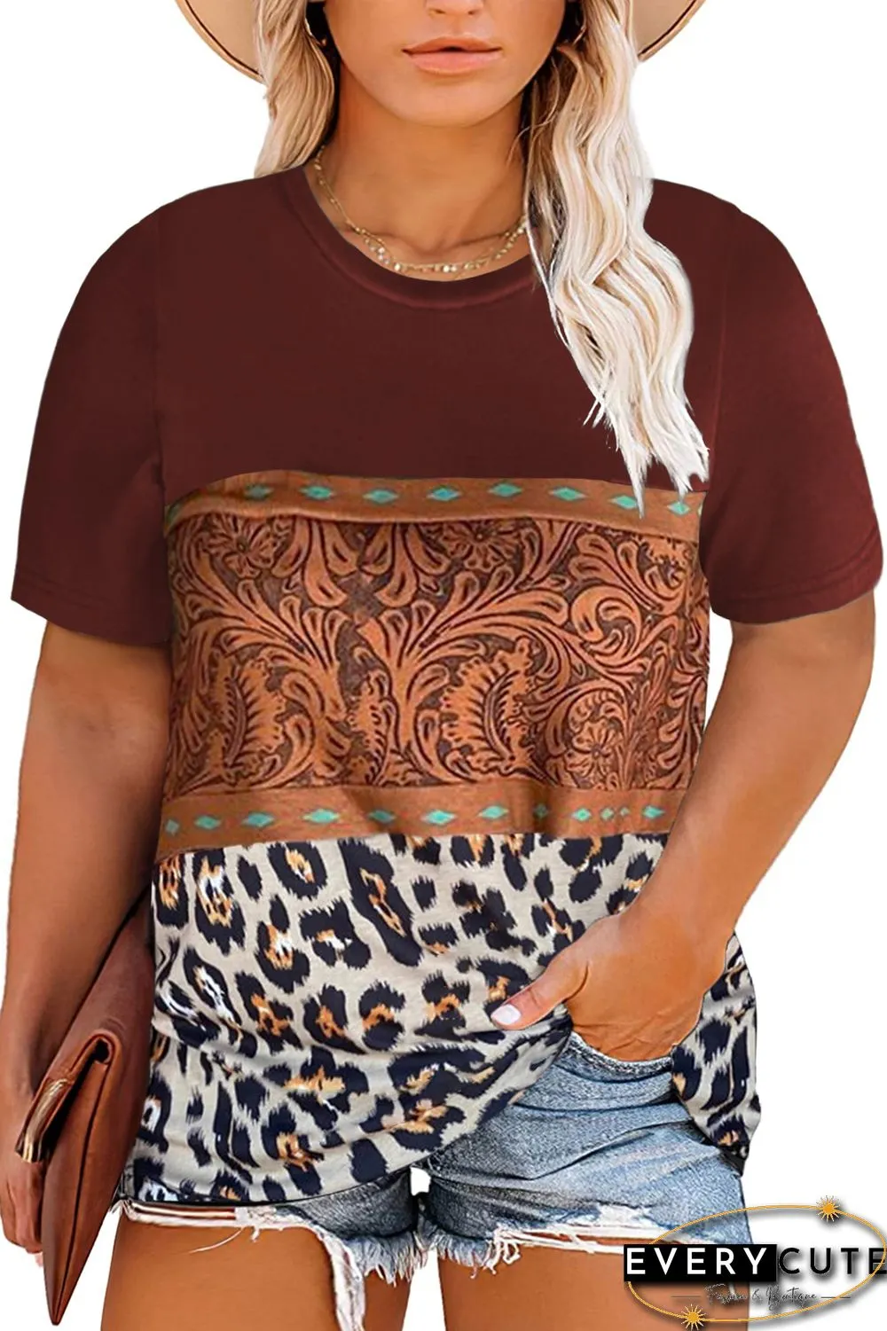 Marble Print Buckstitch Splicing Color Block Plus Size T-shirt