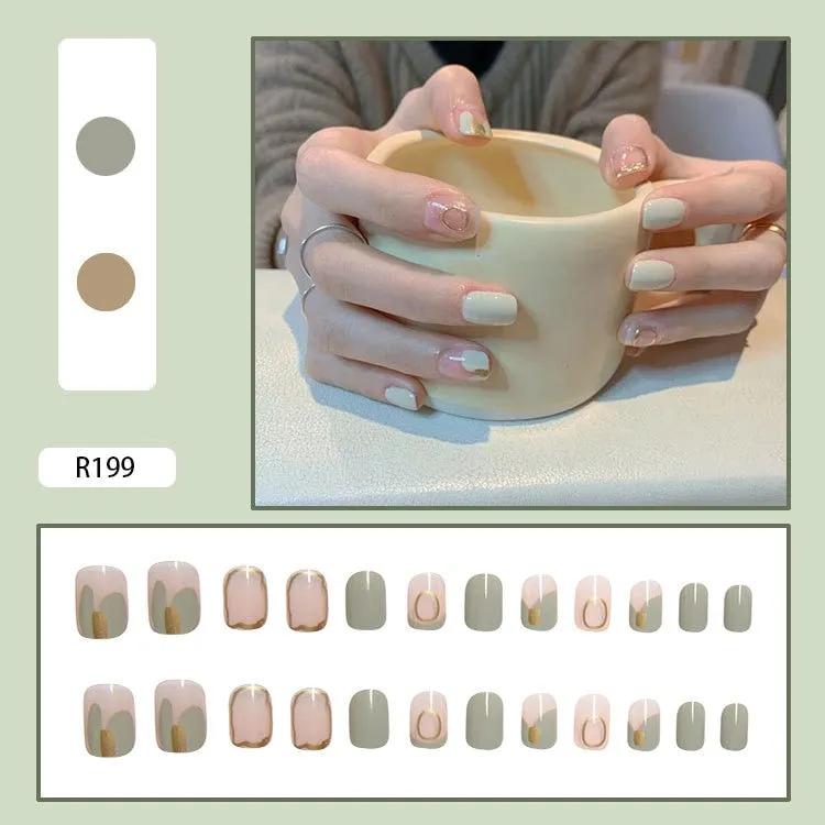 24pcs/box Fake Nails With Glue Yellow Flower Printed Type Short Paragraph Fashion Manicure Press On False Nails Gifts For Girls-Nail Inspo