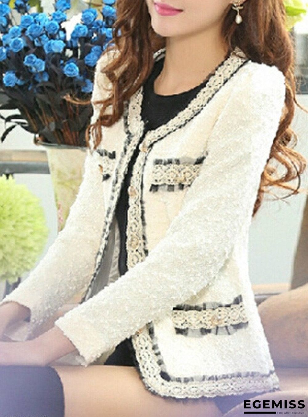 Collarless Contrast Trim Decorative Lace Single Breasted Plain Blazers | EGEMISS