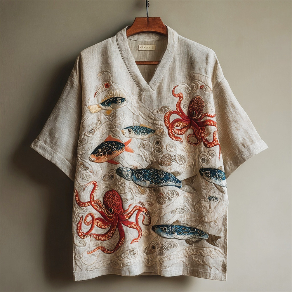 Japanese Art Octopus & Fish Embroidery Men's Linen V-neck Short Sleeve Shirt