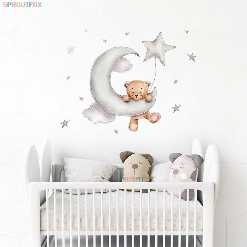 Moon Cloud Big Wall Stickers For Kids Rooms Boys Stars Large Wall Stickers For Children's Room Bear Bedroom Decoration
